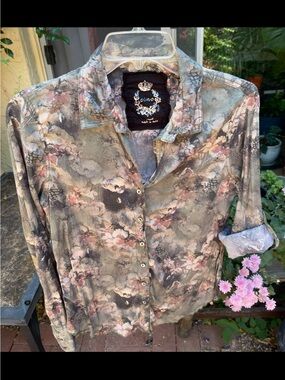 CINO Floral Button-Down Shirt Olive Pine Mauve Multi Roll Tab Sleeve Option Sz S